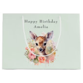 かわいい鹿に囲まれたバラ誕生日 ラージペーパーバッグ (正面)
