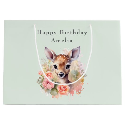 かわいい鹿に囲まれたバラ誕生日 ラージペーパーバッグ (正面)