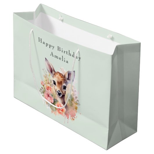 かわいい鹿に囲まれたバラ誕生日 ラージペーパーバッグ (正面アングル)
