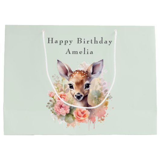 かわいい鹿に囲まれたバラ誕生日 ラージペーパーバッグ (裏面)