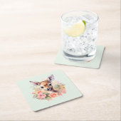 かわいい鹿に囲まれたバラ スクエアペーパーコースター (インサイチュ)