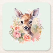 かわいい鹿に囲まれたバラ スクエアペーパーコースター (正面)