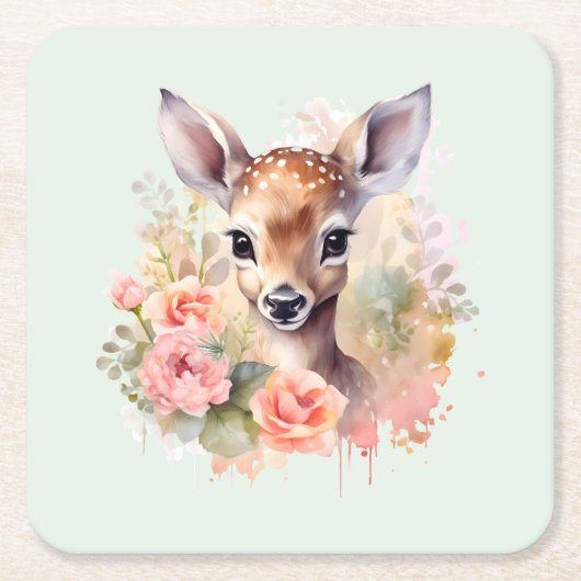 かわいい鹿に囲まれたバラ スクエアペーパーコースター (正面)