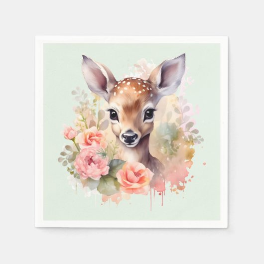 かわいい鹿に囲まれたバラ スタンダードカクテルナプキン (正面)