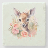 かわいい鹿に囲まれたバラ ストーンコースター (正面)