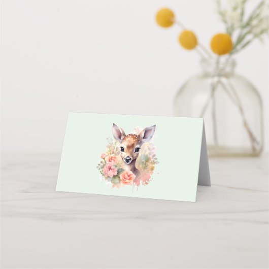 かわいい鹿に囲まれたバラ プレイスカード (正面)