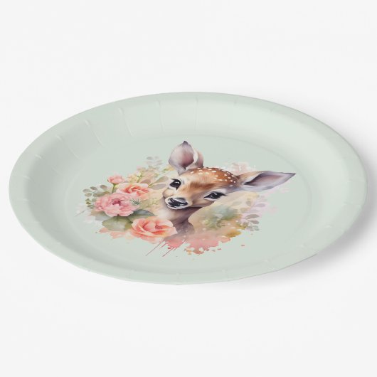 かわいい鹿に囲まれたバラ ペーパープレート (アングル)