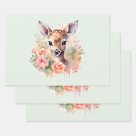 かわいい鹿に囲まれたバラ ラッピングペーパーシート