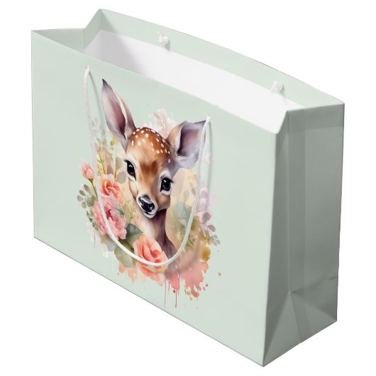 かわいい鹿に囲まれたバラ ラージペーパーバッグ (裏面アングル)