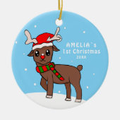 かわいい鹿のイラスト 赤ちゃんの最初のクリスマス セラミックオーナメント (正面)