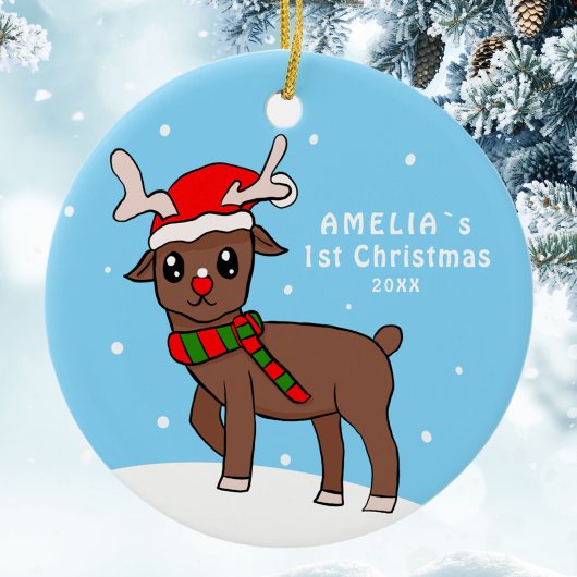 かわいい鹿のイラスト 赤ちゃんの最初のクリスマス セラミックオーナメント