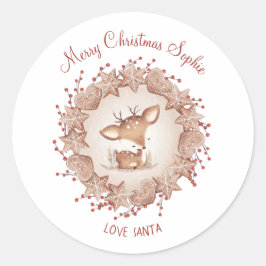 かわいい鹿のクリスマスから名前のシール ラウンドシール