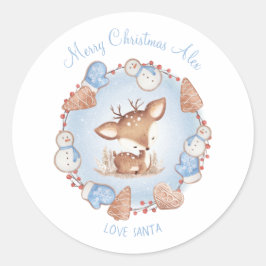 かわいい鹿のクリスマスのシール青い名前 ラウンドシール