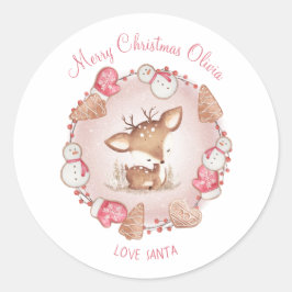 かわいい鹿のクリスマスステッカーピンクの名前 ラウンドシール
