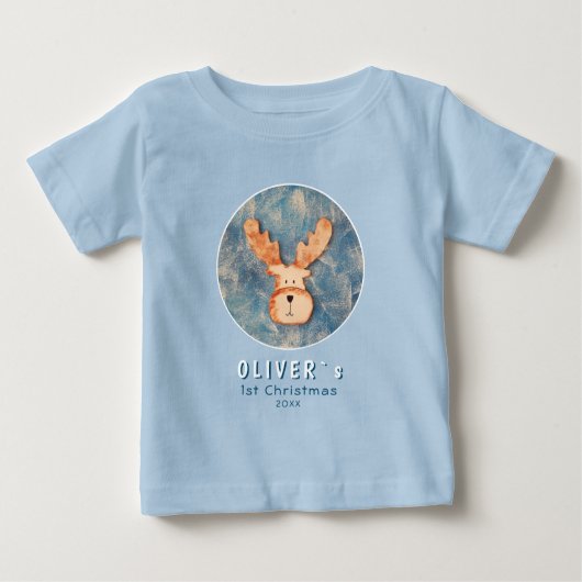 かわいい鹿のトナカイ 赤ちゃんの初めてのクリスマス ベビーTシャツ (正面)