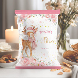 かわいい鹿のピンクの花の誕生日チップ袋ラッパー チラシ