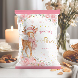 かわいい鹿のピンクの花の誕生日チップ袋ラッパー チラシ