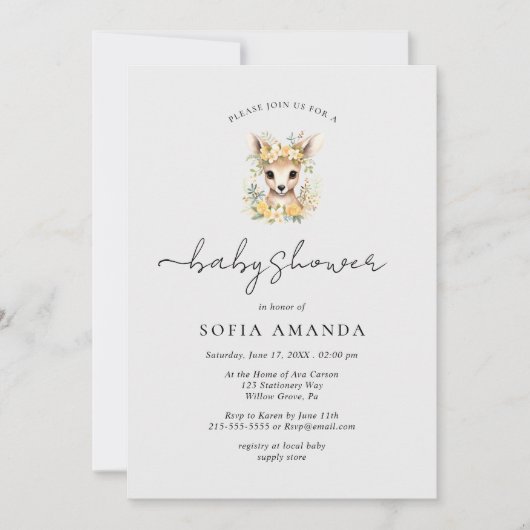 かわいい鹿の動物の森の赤ちゃんシャワー 招待状 (正面)