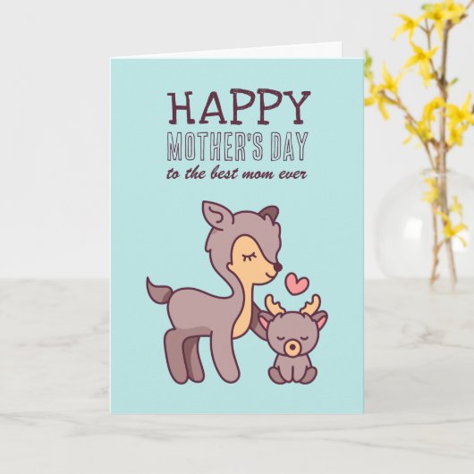 かわいい鹿の動物の漫画ハッピーマザーズデイ カード (黄色い花)