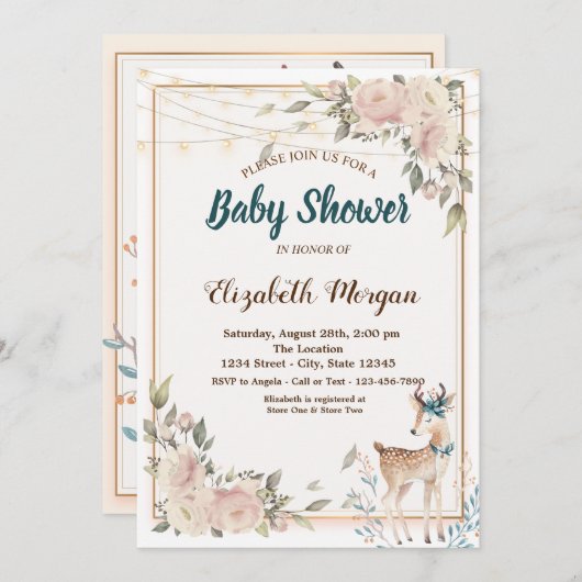 かわいい鹿の文字列ライト、フローラベビーシャワー 招待状 (正面/裏面)