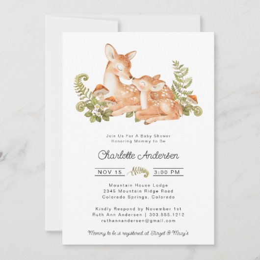 かわいい鹿の森の赤ちゃんシャワーをテーマ 招待状 (正面)