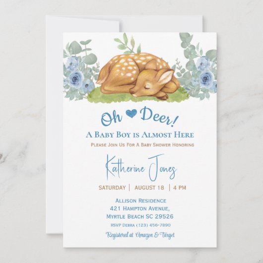 かわいい鹿の男の子の水色フローラ赤ちゃんシャワー 招待状 (正面)
