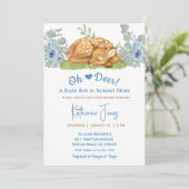 かわいい鹿の男の子の水色フローラ赤ちゃんシャワー 招待状 (スタンド正面)