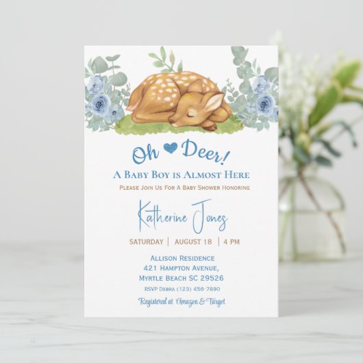かわいい鹿の男の子の水色フローラ赤ちゃんシャワー 招待状 (スタンド正面)