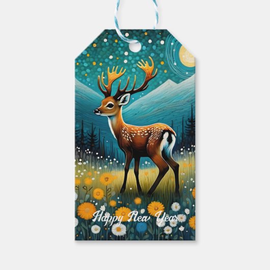 かわいい鹿の花メドウファンタジー新年 ギフトタグ (正面)