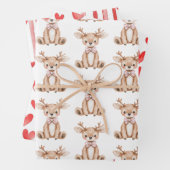 かわいい鹿の赤いハートクリスマス ラッピングペーパーシート (インサイチュ)