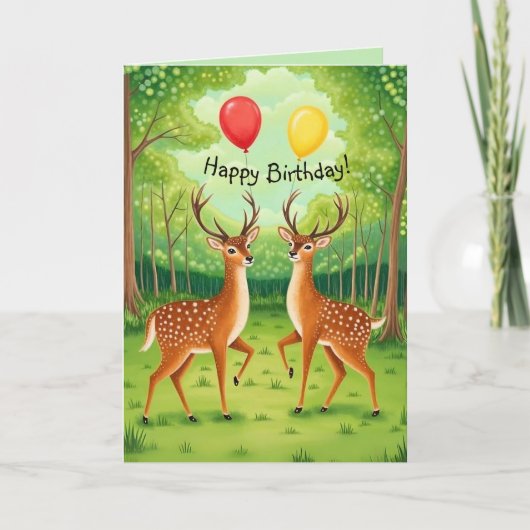 かわいい鹿カップル森ストーリーブックアート誕生日 カード (正面)
