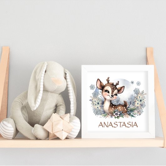 かわいい鹿ガールームウィンターテーマ水彩画 ポスター