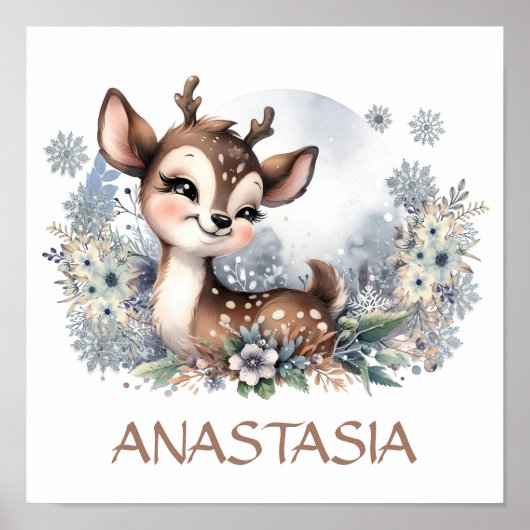 かわいい鹿ガールームウィンターテーマ水彩画 ポスター (正面)