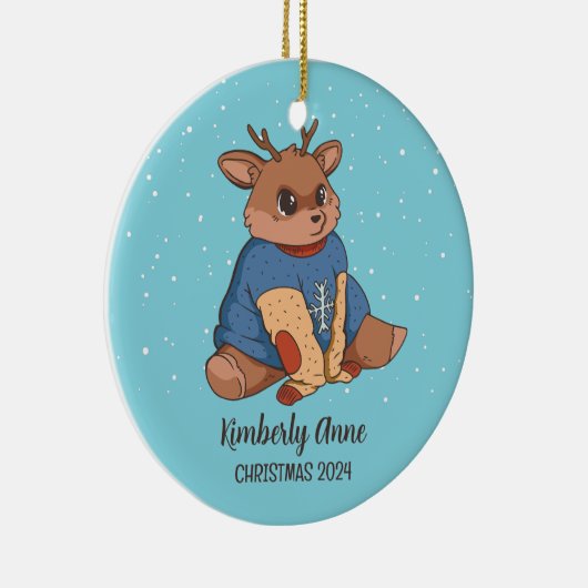 かわいい鹿クリスマストナカイ雪の冬の休日 セラミックオーナメント (右)