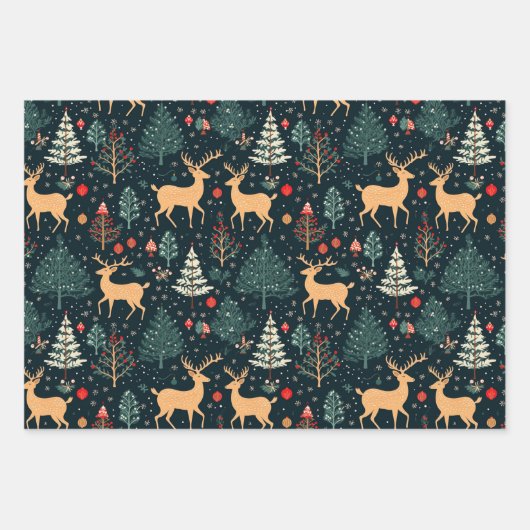 かわいい鹿クリスマスホリデーウィンターコーディネート ラッピングペーパーシート (正面3)