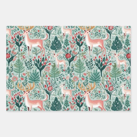 かわいい鹿クリスマスホリデーウィンターコーディネート ラッピングペーパーシート (正面2)