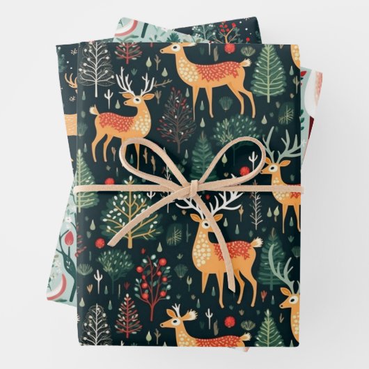 かわいい鹿クリスマスホリデーウィンターコーディネート ラッピングペーパーシート (インサイチュ)