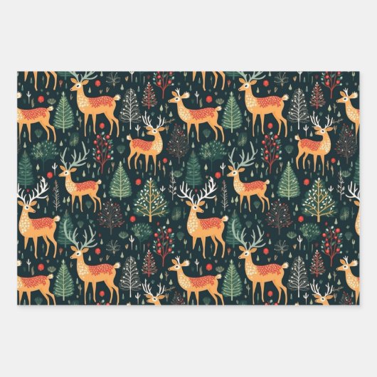 かわいい鹿クリスマスホリデーウィンターコーディネート ラッピングペーパーシート (正面)