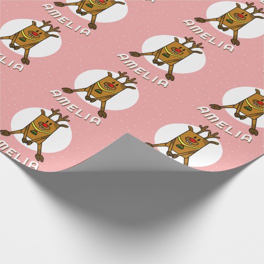 かわいい鹿ピンクのクリスマスキッドの名前 ラッピングペーパー (角)