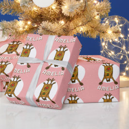 かわいい鹿ピンクのクリスマス子供の名前 ラッピングペーパー