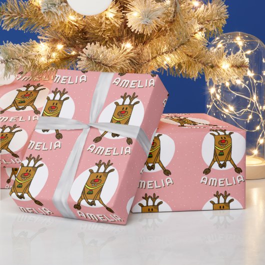 かわいい鹿ピンクのクリスマス子供の名前 ラッピングペーパー (クリスマス)
