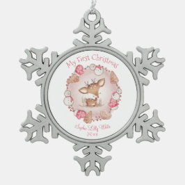 かわいい鹿ピンク初めてのクリスマスの女の子 スノーフレークピューターオーナメント