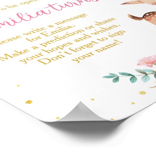 かわいい鹿フローラ誕生日パーティータイムカプセルサイン ポスター (角)