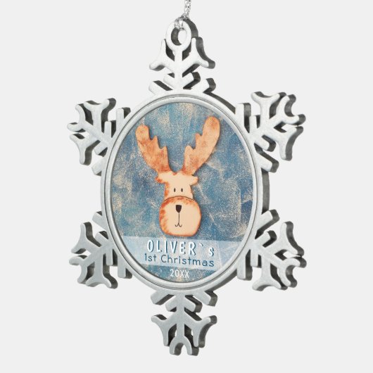 かわいい鹿ベビーの初めてのクリスマス スノーフレークピューターオーナメント (右)
