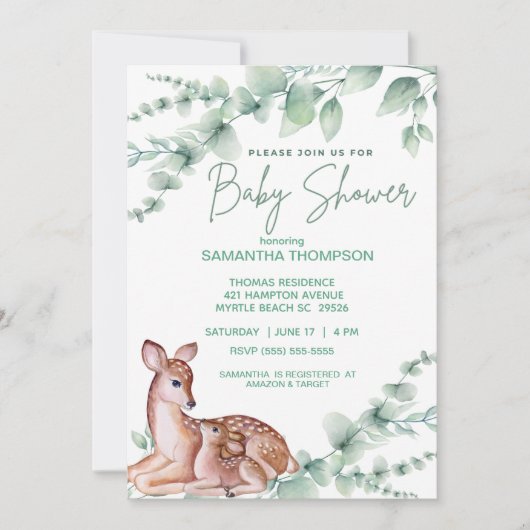 かわいい鹿ママ子緑の男の子赤ちゃんシャワー 招待状 (正面)