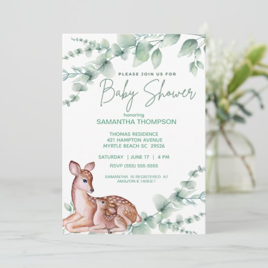 かわいい鹿ママ子緑の男の子赤ちゃんシャワー 招待状 (スタンド正面)