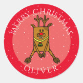 かわいい鹿レッドクリスマスキッズネームギフトラベル ラウンドシール (正面)