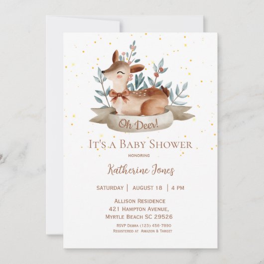かわいい鹿男女兼用の素朴赤ちゃんシャワー 招待状 (正面)