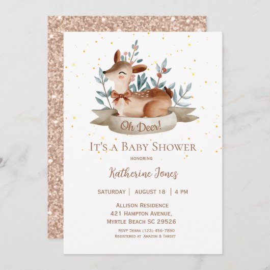 かわいい鹿男女兼用の素朴赤ちゃんシャワー 招待状 (正面/裏面)