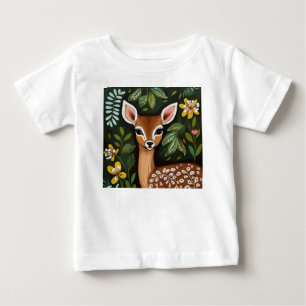 かわいい鹿葉と花 ベビーTシャツ